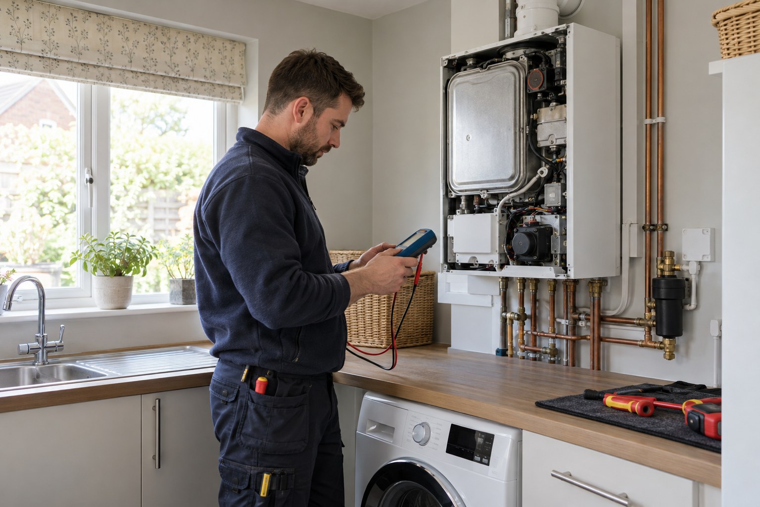 Heating engineer assessing a boiler with a diagnostic meter in a utility room