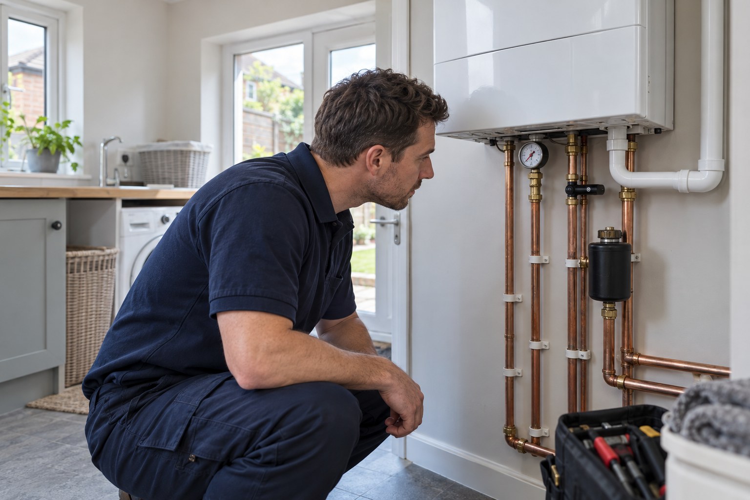 Heating engineer checking the pressure gauge beneath a closed boiler