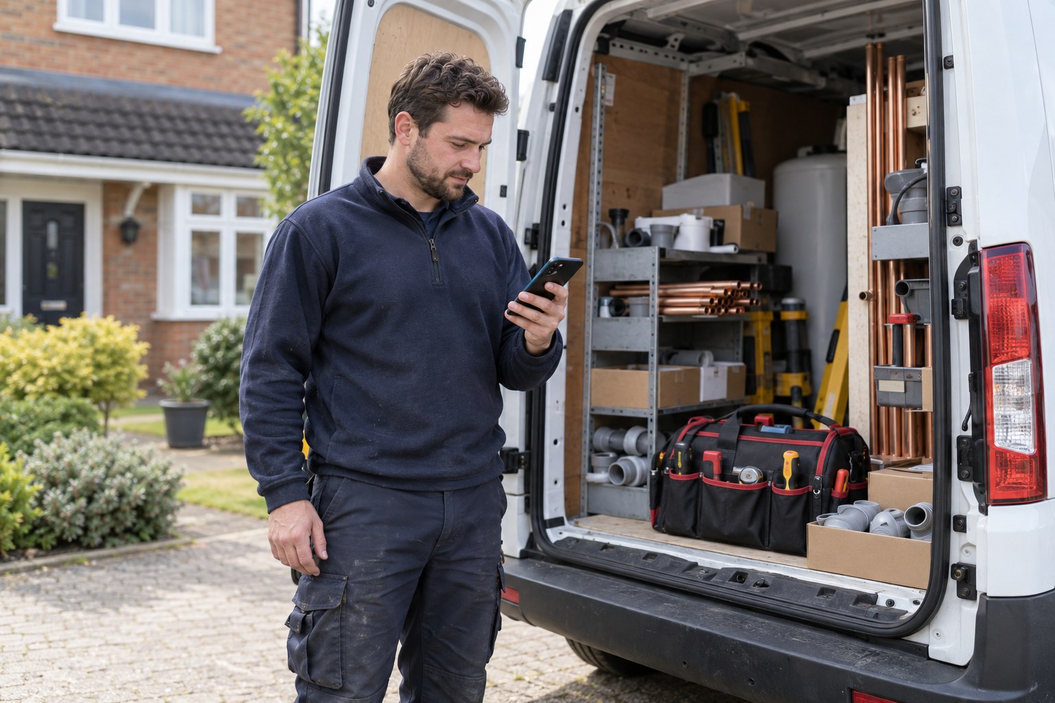 Heating engineer checking a phone beside a van on a residential drive