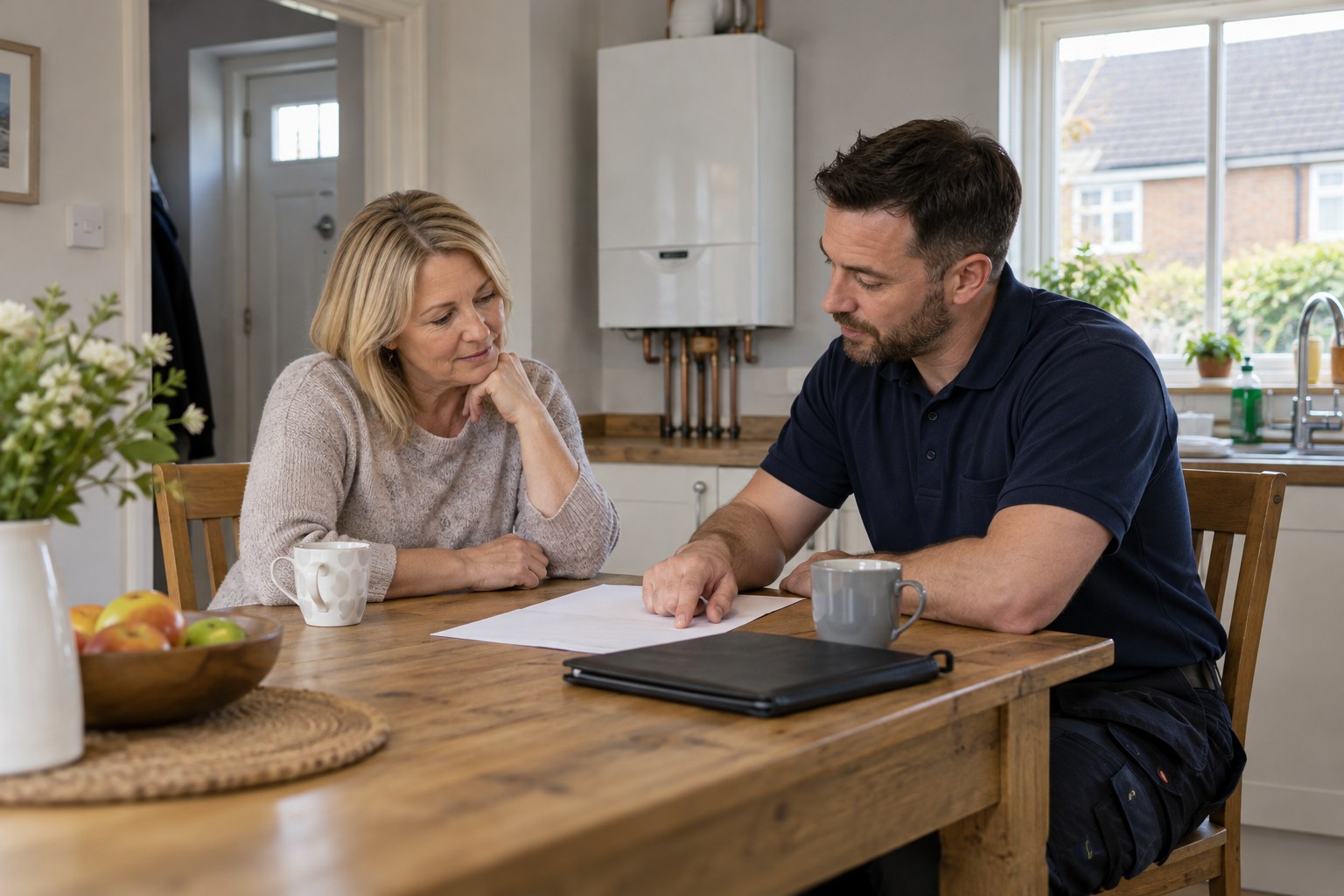 Heating engineer discussing boiler options with a homeowner at a kitchen table