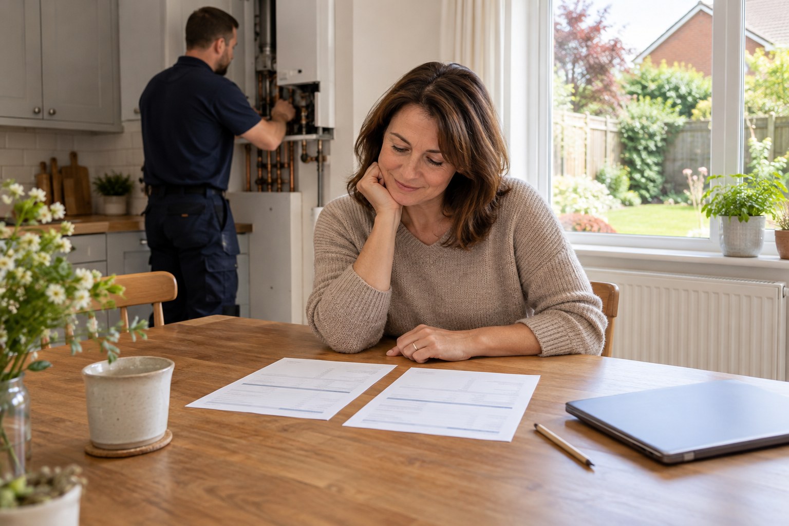 Homeowner comparing heating quotations at a kitchen table