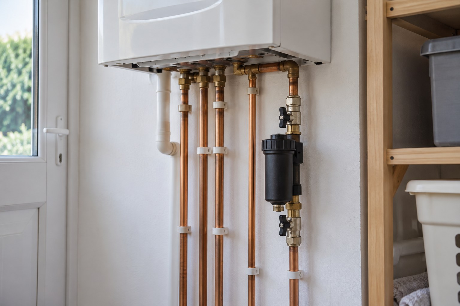 Magnetic system filter fitted to copper pipework below a boiler