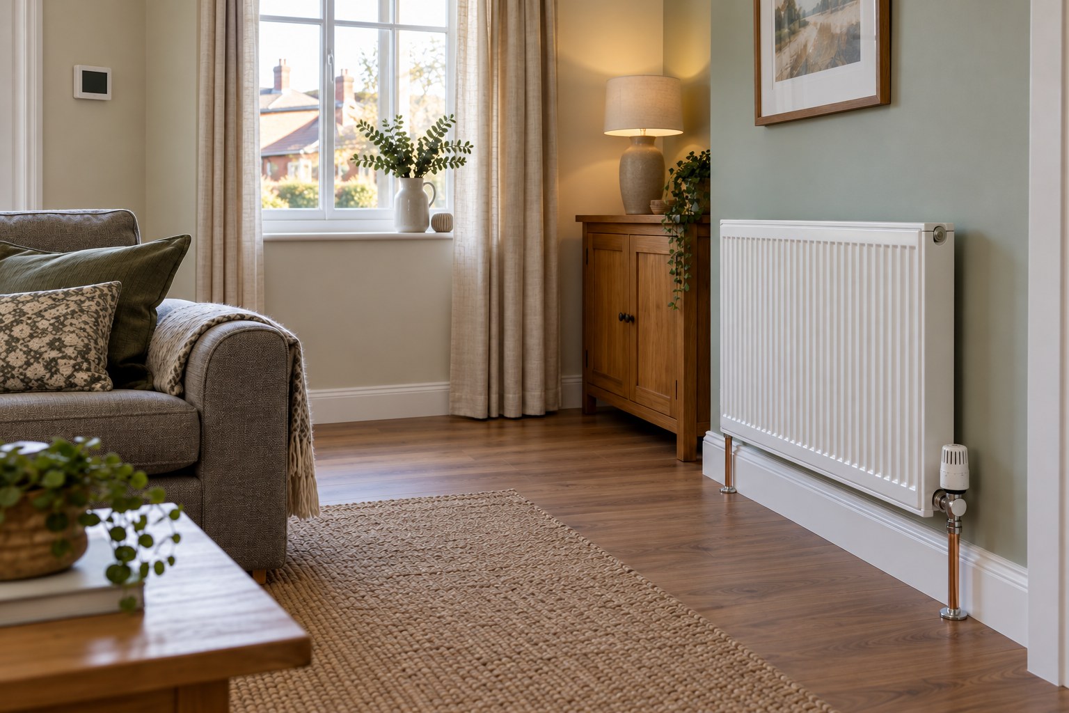 Wall thermostat and thermostatic radiator valve in a living room