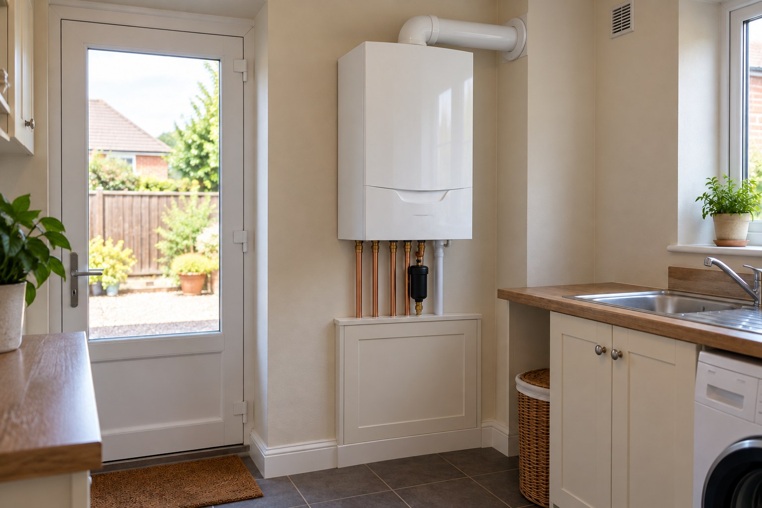 New condensing boiler with service pipework and a magnetic filter in a utility room