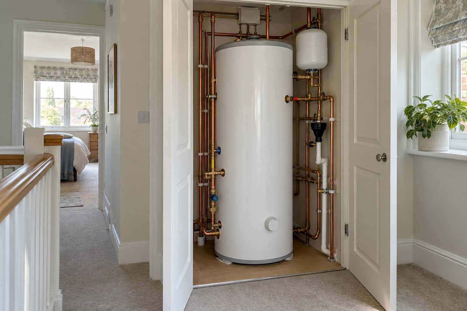 Replacement hot water cylinder with copper pipework and a visible tundish in an airing cupboard