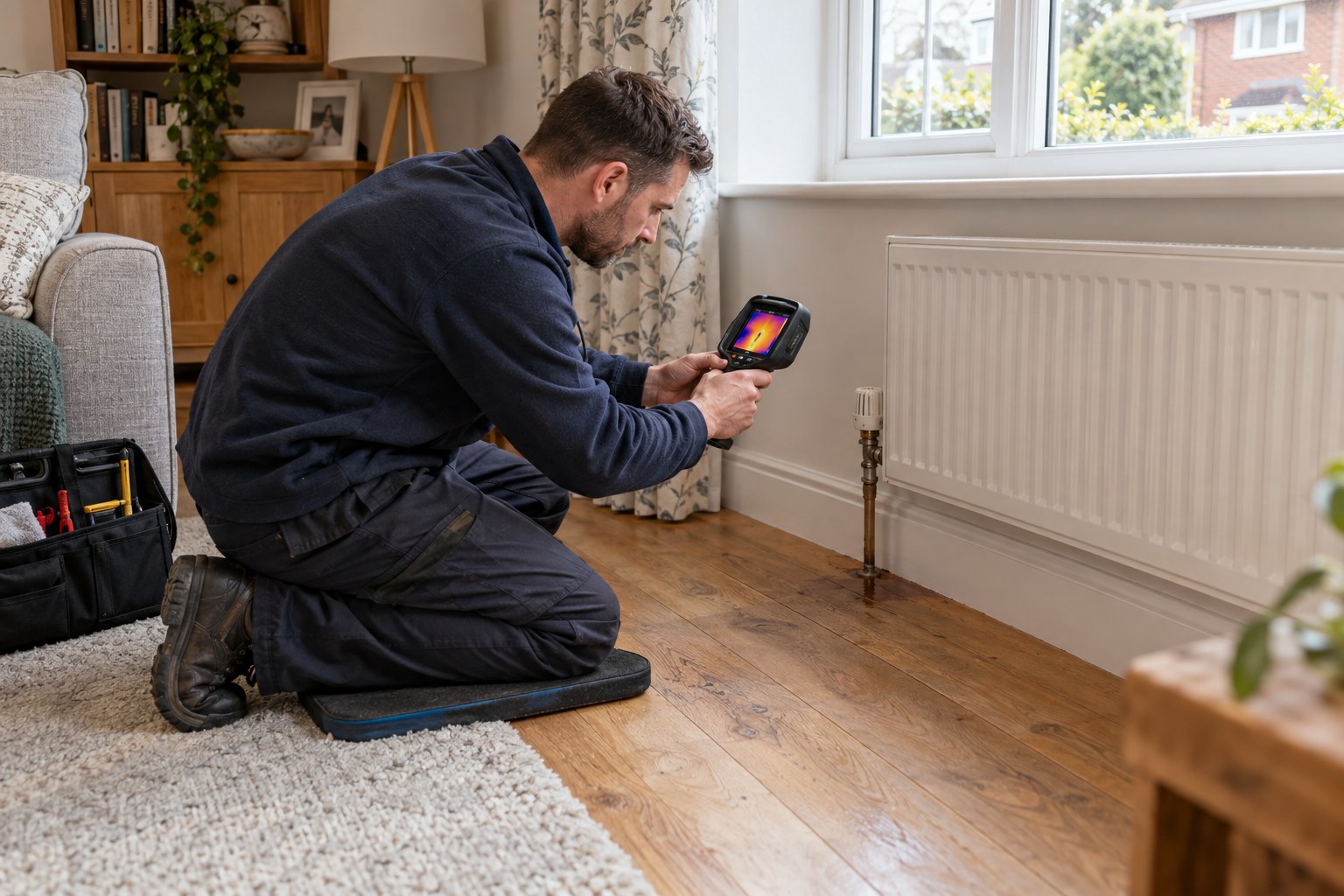 Specialist using a thermal camera to inspect the floor beside a radiator